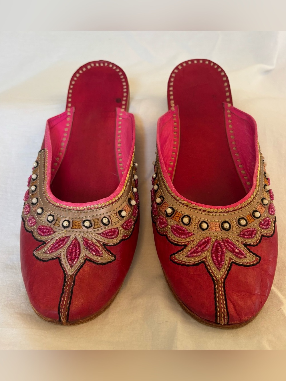 Boho Beaded Leather Babouche Mules Pink Handmade Moroccan Style Slides Sz 11